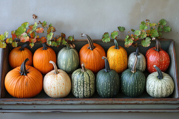 An array of autumn squashes in a rustic wooden box with vine accents