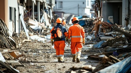 Two rescue workers wearing orange protective gear and helmets are walking