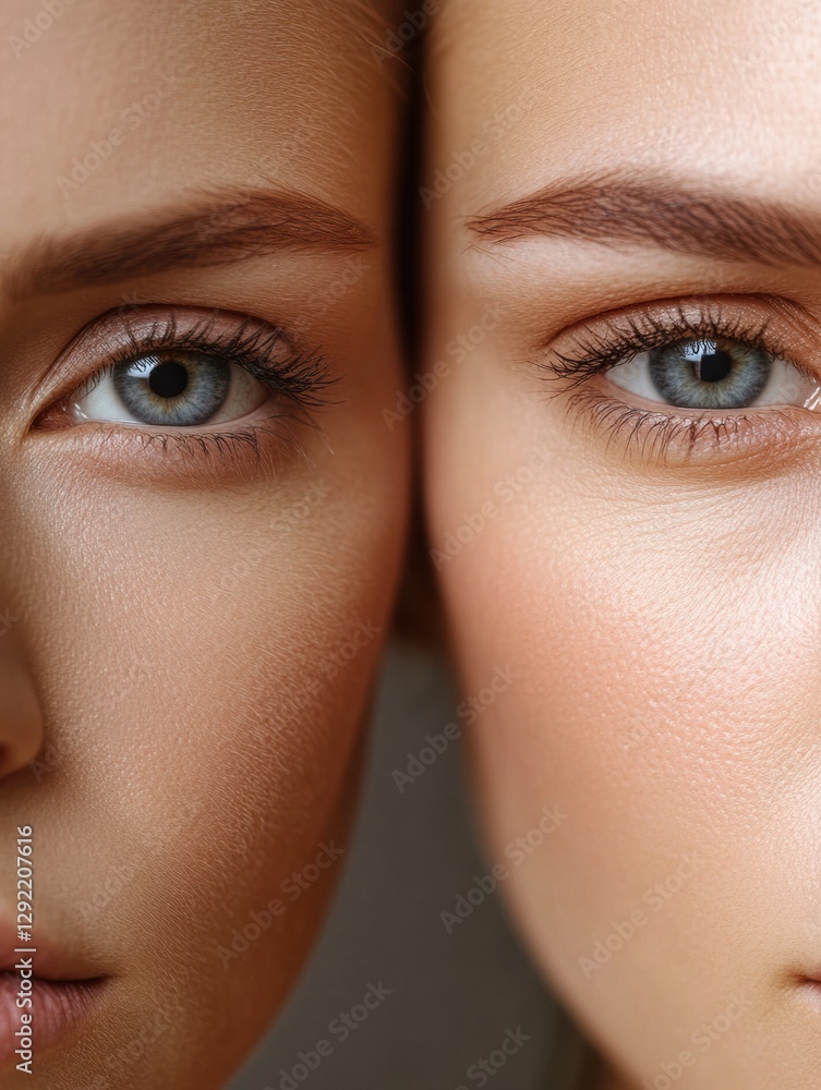 Poster close up of a womans face showing contrasting skin textures representing beauty in medicine and inno