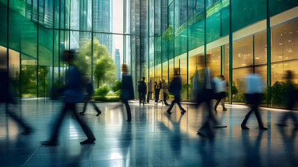 The concept of sustainability in business centers, crowds of business people walking at a corporate office in a green city downtown, abstract motion blur image with blurred background