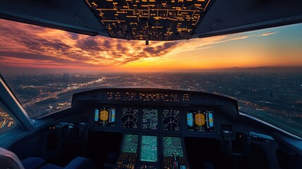 Sunset view from airplane cockpit during landing  
