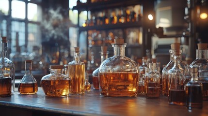 Assorted whiskey bottles on distillery table with ambient lighting