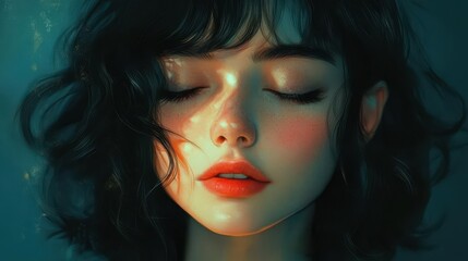 Obraz premium Serene young caucasian female with curly hair and freckles in thoughtful expression