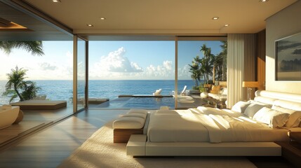 Fototapeta premium Luxury oceanfront bedroom with scenic views and modern interior design