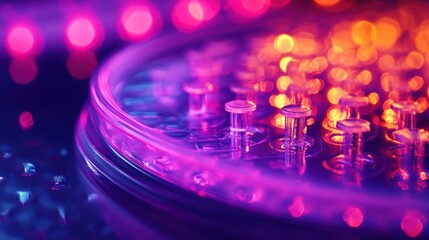 Colorful close-up of petri dish with glowing lights in laboratory setting