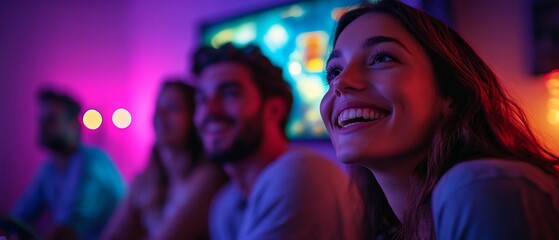 Group of four people watching television in a room with pink and blue lights