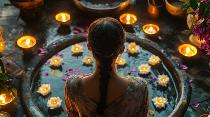 Obraz premium Asian female in traditional dress meditating amidst floating candles and flowers in tranquil setting
