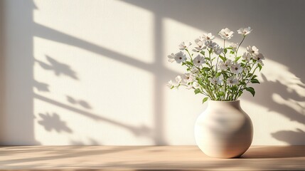 Fototapeta premium Sunlit white flowers in ceramic vase casting shadows on wooden table