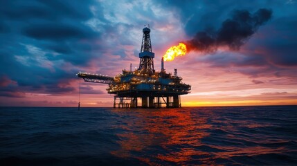 Offshore oil rig with burning flare at dusk, dramatic sky. Industrial energy and ocean resource extraction 