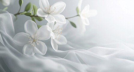 Elegant translucent white flowers with intricate details, soft ethereal floral background, artistic botanical illustration