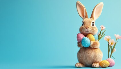 Fototapeta premium Cute Easter bunny holding pastel-colored Easter eggs on a light blue background, perfect for Easter-themed designs and decorations