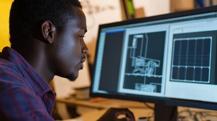 CAD solar energy Close up stock image of an African American man working at a computer