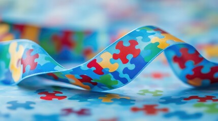 Obraz premium A blue autism awareness ribbon with a puzzle pattern lying on a matching background, symbolizing neurodiversity, inclusion, and autism advocacy. 
