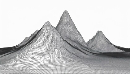 abstract wireframe mountain peaks with 3d grid waves on a white background