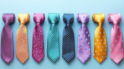 Colorful ties arranged on light blue background