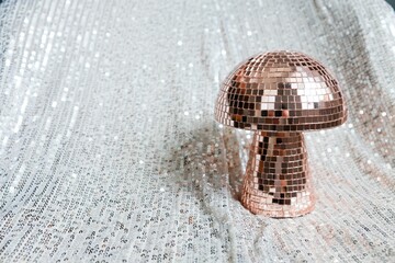 Disco Ball Mushroom on Sparkling Sequin Backdrop