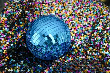 Blue Disco Ball on Colorful Sequins