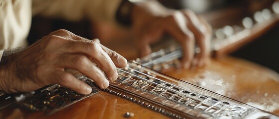 Hands play string instrument indoors. Use for musical or cultural content