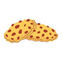 Oatmeal cookies with chocolate, vector illustration, flat hand drawn style with texture. Baked food, pastry or dessert for breakfast, snack. For sticker, bakery, cafe