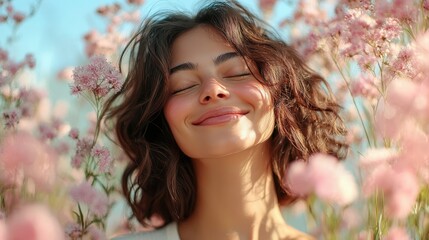 Fototapeta premium Young caucasian female smiling among pink flowers in sunlight