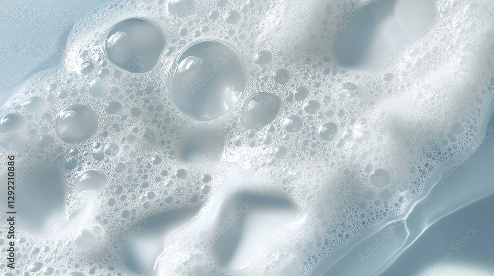Poster soft white foam bubbles clustering in diverse sizes, generating textured pattern against light blue 