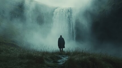 Solo figure amidst misty waterfall in serene nature landscape
