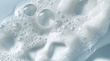 Soft white foam bubbles clustering in diverse sizes, generating textured pattern against light blue backdrop, suggesting cleanliness and gentle movement