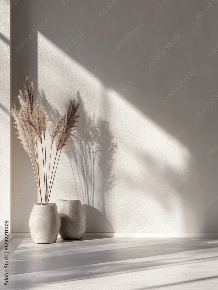 Poster decorative vases with dried plants casting shadows in a sunlit minimalist interior space. generative