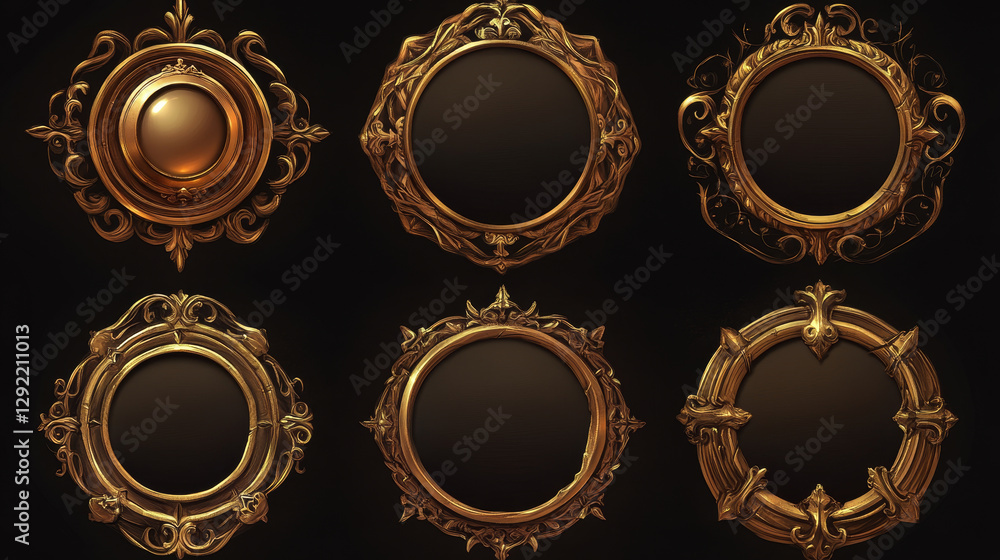 Poster golden game buttons, achievement badges with fantasy frames. vector set of golden icons in medieval 