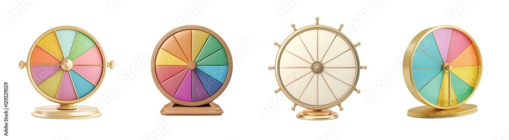 Poster Colorful spinning wheels with multicolored segments on round bases displayed in a row