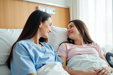 Obraz premium Caring Hospital Interaction Between a Female Nurse and a Young Female Patient in a Bright Medical Room