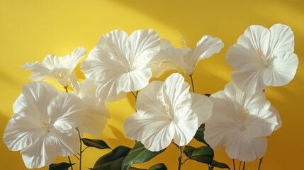 White hibiscus flowers against vibrant yellow background