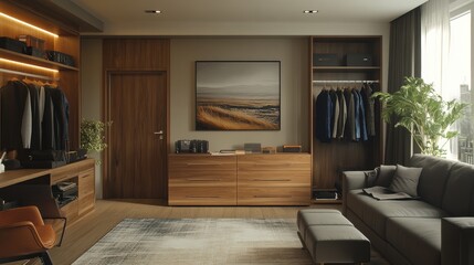 Fototapeta premium Modern elegant living room with wooden furniture and open wardrobe