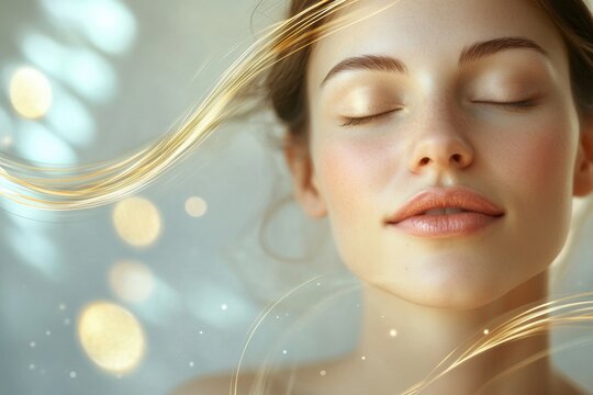 Abstract golden lines flow around a young womans face showcasing the lifting effect associated with cosmetic treatments. Generative AI