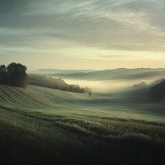 Fototapeta premium Rolling hills and morning fog in a serene landscape high resolution picture