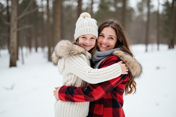 Fototapeta premium Two Young Women Embracing Joyfully in a Snowy Forest Landscape During Winter Wearing Cozy Attire and Smiling Radiantly