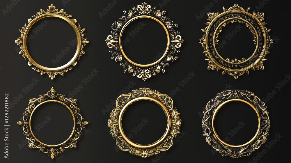 Poster golden game buttons, achievement badges with fantasy frames. vector set of golden icons in medieval 