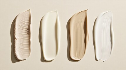 Fototapeta premium Makeup foundation smears spreading across neutral beige surface, revealing multiple skin tone variations with smooth, blended cosmetic textures