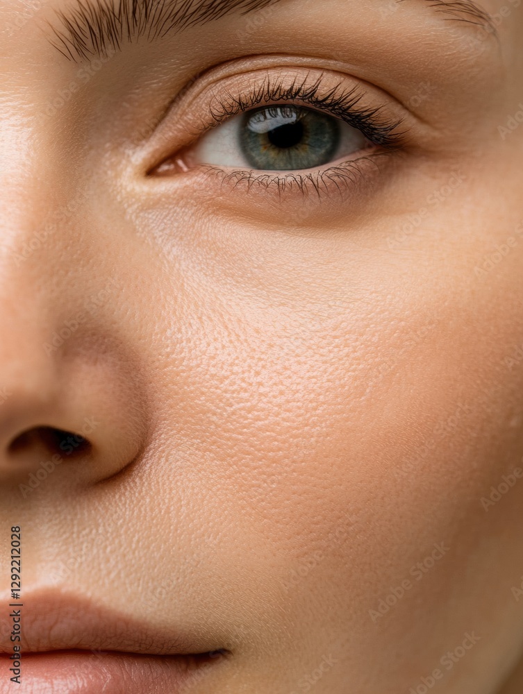 Aufkleber close up of a womans face illustrating the contrast between wrinkles and smooth skin in a medical an