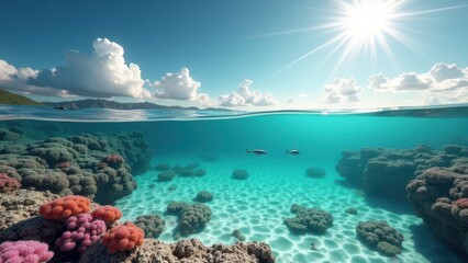 Fototapeta premium Sunlit sandy ocean floor with clear water showing effects of coral loss 