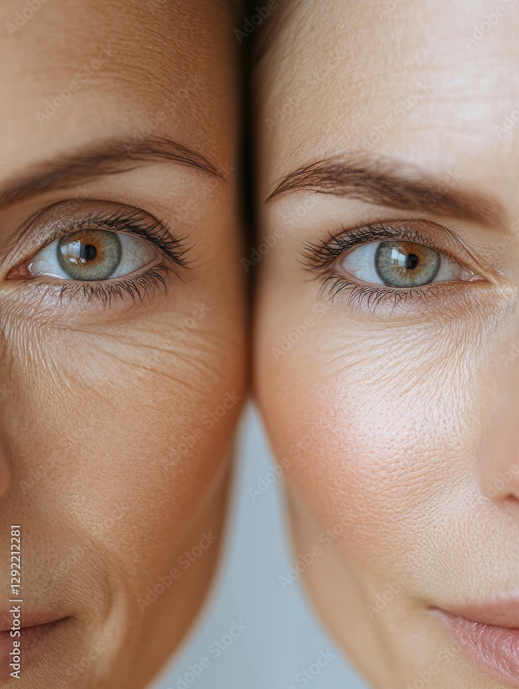 Poster split view of a womans face showcasing wrinkles on one side and smooth skin on the other in a medica