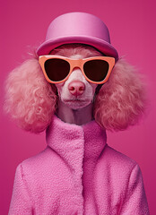 A stylish portrait poodle dressed in a pink outfit, sunglasses and hat.  1960s fashion style