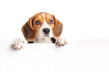 Beagle standing with its front paws resting on a blank white banner or surface. Photo  for playful and light-hearted designs.