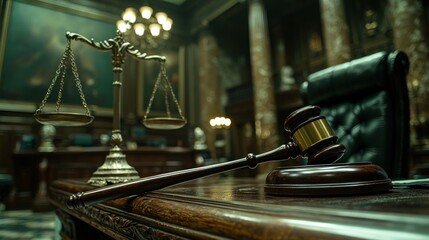Courtroom Scales and Gavel on Wooden Desk