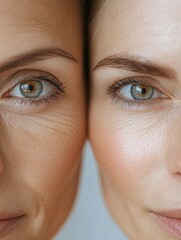 Split view of a womans face showcasing wrinkles on one side and smooth skin on the other in a medical analysis context. Generative AI