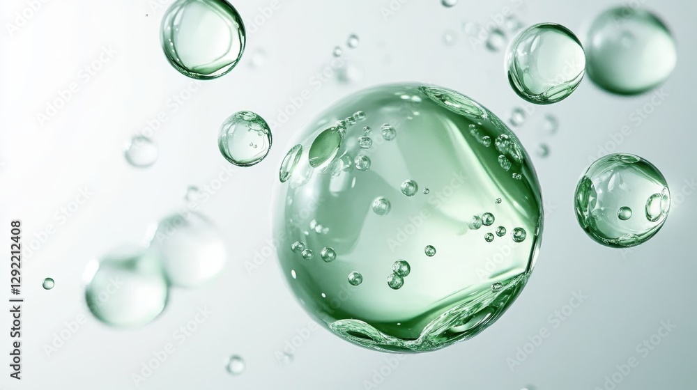 Poster translucent green spherical form encapsulating smaller bubbles drifting amid similar transparent glo