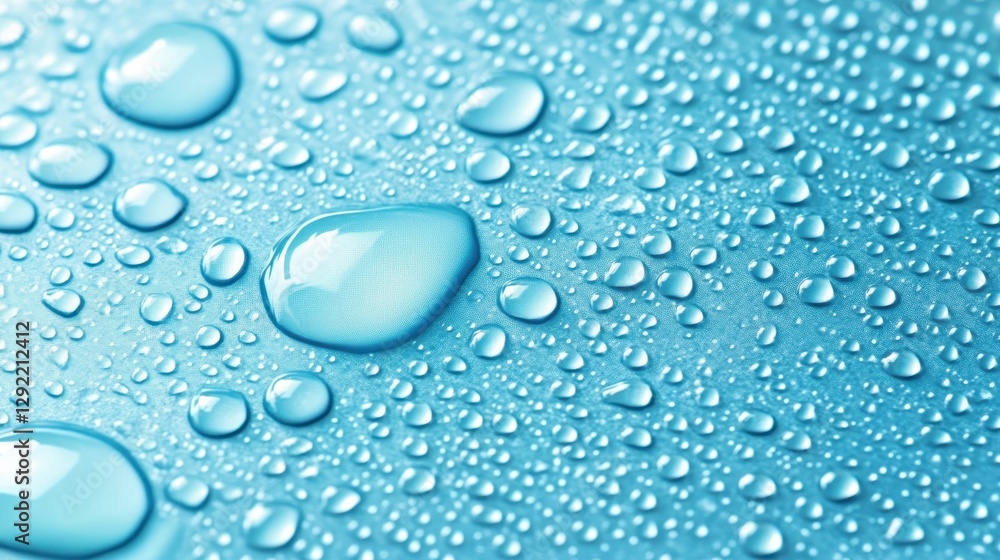 Poster numerous water droplets of varying sizes rest on a vibrant blue surface, creating a captivating text