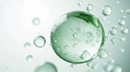 Green serum droplet splashing, generating dynamic bubble chain reaction, symbolizing skincare hydration and refreshing effect