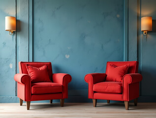 Two vibrant red accent armchairs against blue and terra cotta stucco wall. Art deco interior design of modern living room. 