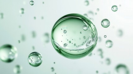 Microscopic hyaluronic acid droplets suspended in green liquid, revealing molecular structure with dynamic bubble formations highlighting skincare serum scientific beauty